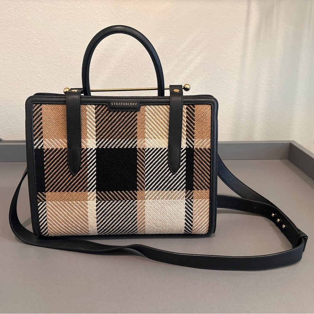 Strathberry Black and Tan Plaid Satchel